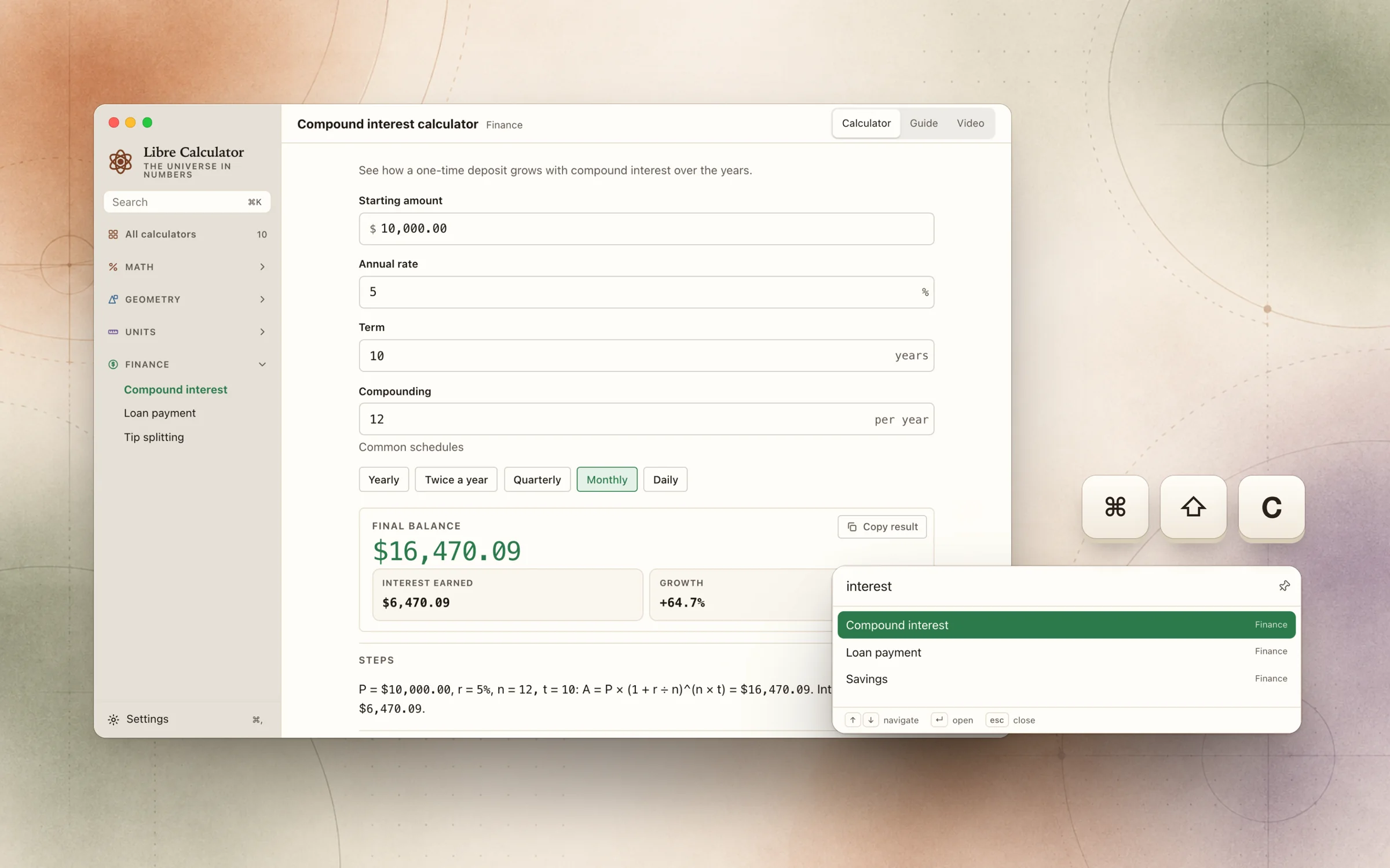 The Libre Calculator desktop app showing the compound interest calculator, with the quick panel open over it after pressing Command Shift C